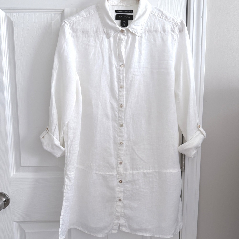Tahari Linen Button Down Shirt Women Size M White Long Sleeve Roll Tab Tunic Top